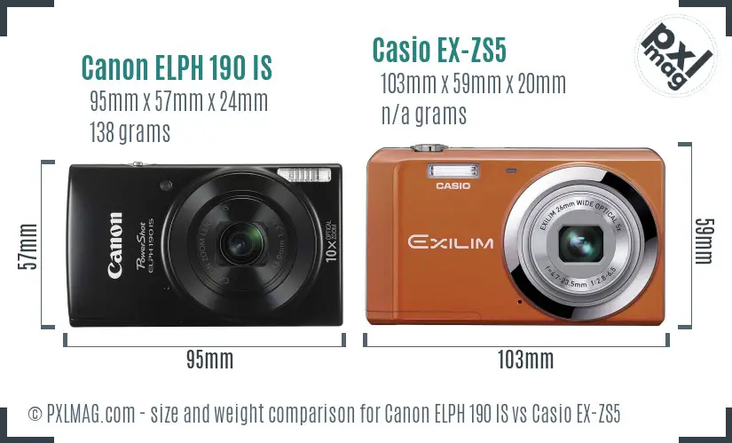 Canon ELPH 190 IS vs Casio EX-ZS5 size comparison