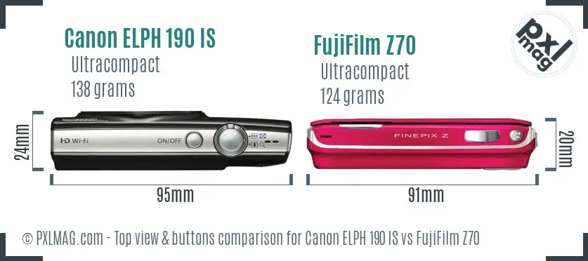 Canon ELPH 190 IS vs FujiFilm Z70 top view buttons comparison
