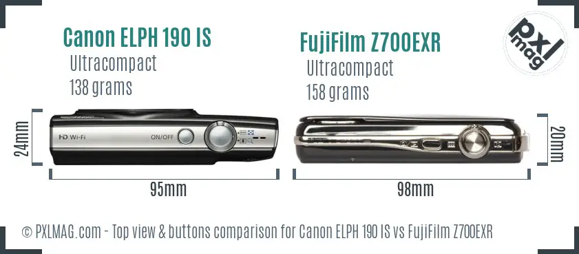 Canon ELPH 190 IS vs FujiFilm Z700EXR top view buttons comparison