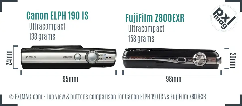 Canon ELPH 190 IS vs FujiFilm Z800EXR top view buttons comparison