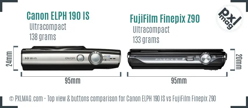 Canon ELPH 190 IS vs FujiFilm Finepix Z90 top view buttons comparison Canon ELPH 190 IS vs FujiFilm Finepix Z90 top view buttons comparison