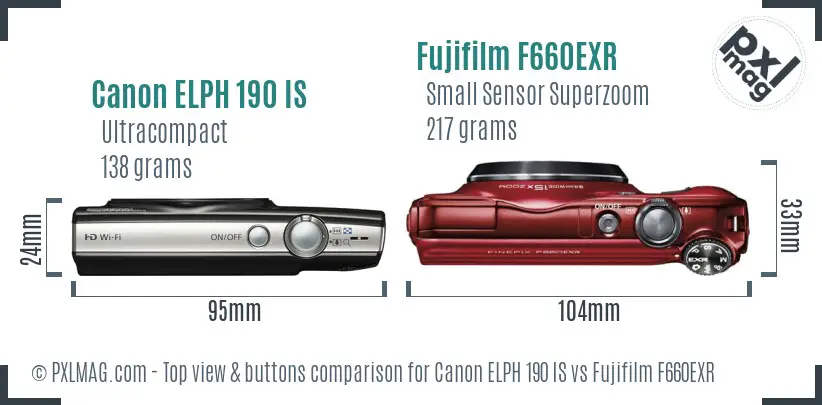Canon ELPH 190 IS vs Fujifilm F660EXR top view buttons comparison