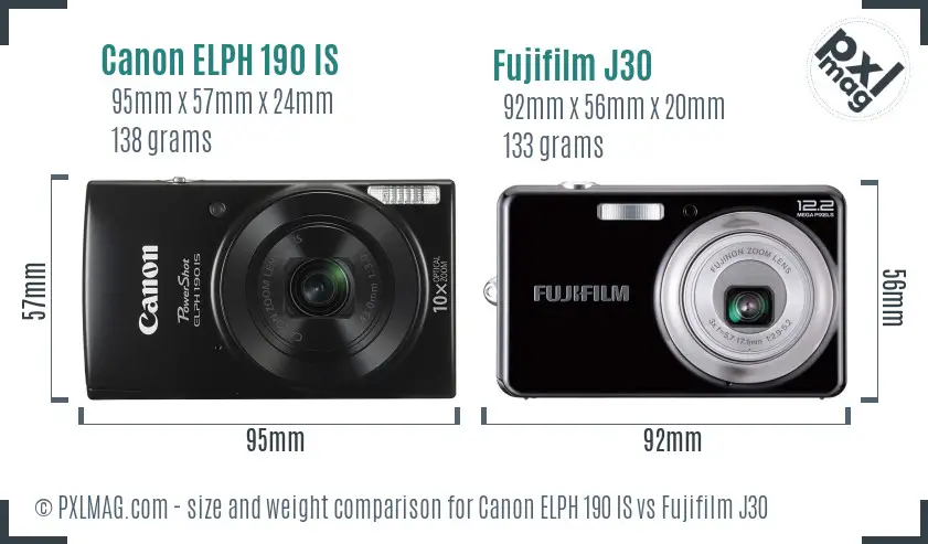 Canon ELPH 190 IS vs Fujifilm J30 size comparison
