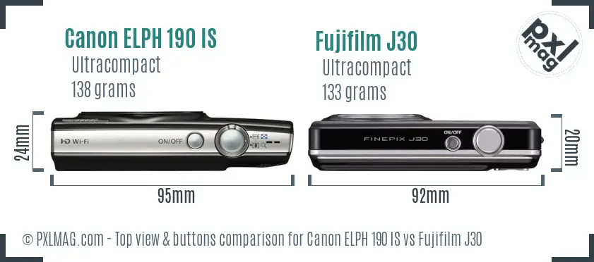 Canon ELPH 190 IS vs Fujifilm J30 top view buttons comparison