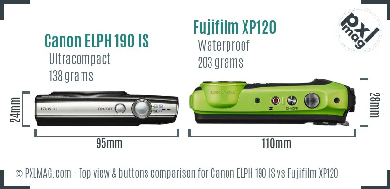 Canon ELPH 190 IS vs Fujifilm XP120 top view buttons comparison Canon ELPH 190 IS vs Fujifilm XP120 top view buttons comparison