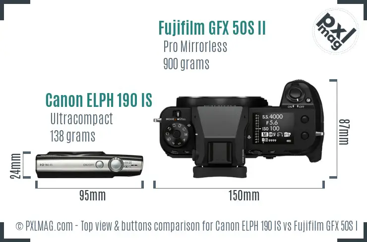 Canon ELPH 190 IS vs Fujifilm GFX 50S II top view buttons comparison