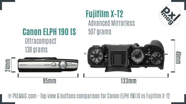 Canon ELPH 190 IS vs Fujifilm X-T2 top view buttons comparison