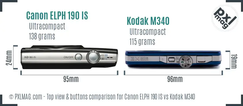 Canon ELPH 190 IS vs Kodak M340 top view buttons comparison