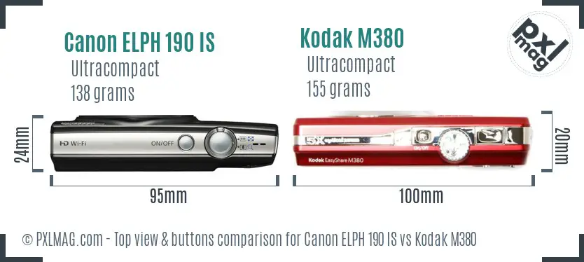 Canon ELPH 190 IS vs Kodak M380 top view buttons comparison