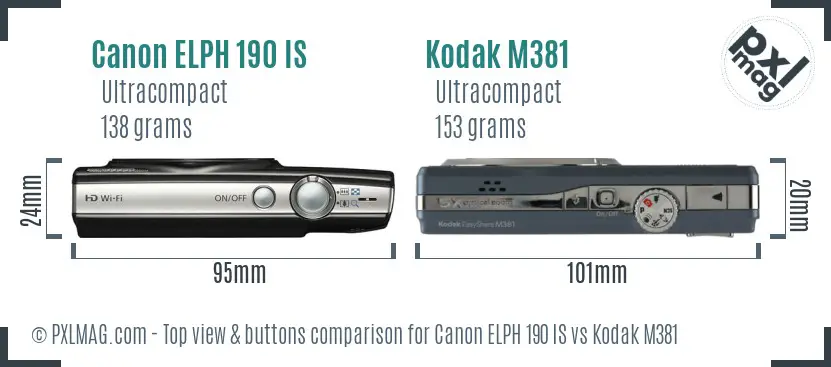 Canon ELPH 190 IS vs Kodak M381 top view buttons comparison