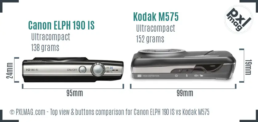 Canon ELPH 190 IS vs Kodak M575 top view buttons comparison