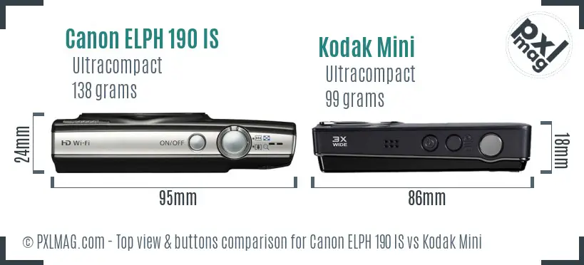 Canon ELPH 190 IS vs Kodak Mini top view buttons comparison