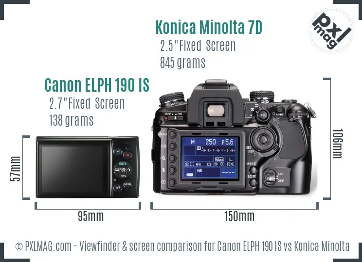 Canon ELPH 190 IS vs Konica Minolta 7D Screen and Viewfinder comparison