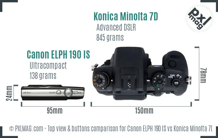 Canon ELPH 190 IS vs Konica Minolta 7D top view buttons comparison