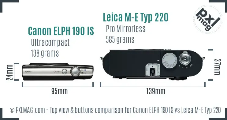 Canon ELPH 190 IS vs Leica M-E Typ 220 top view buttons comparison