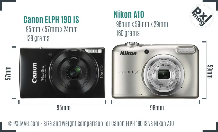 Canon ELPH 190 IS vs Nikon A10 size comparison