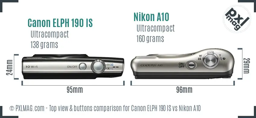 Canon ELPH 190 IS vs Nikon A10 top view buttons comparison