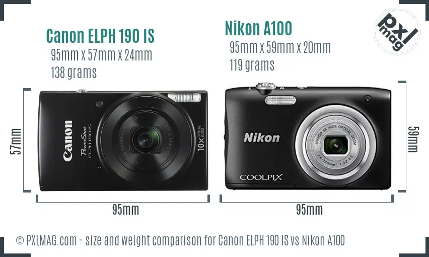 Canon ELPH 190 IS vs Nikon A100 size comparison