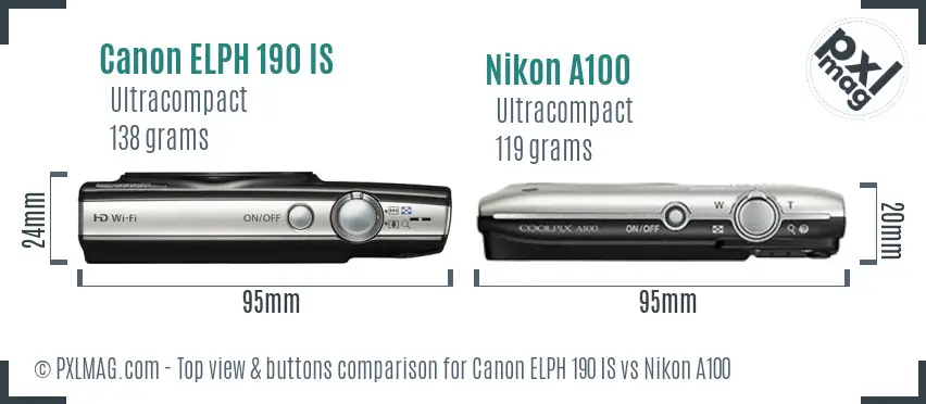 Canon ELPH 190 IS vs Nikon A100 top view buttons comparison