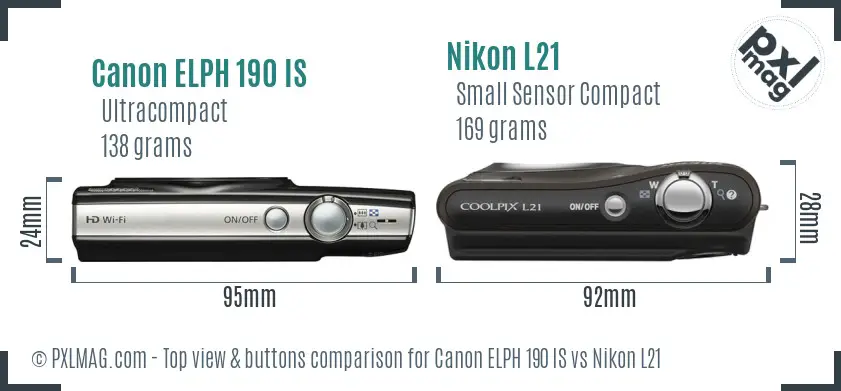 Canon ELPH 190 IS vs Nikon L21 top view buttons comparison