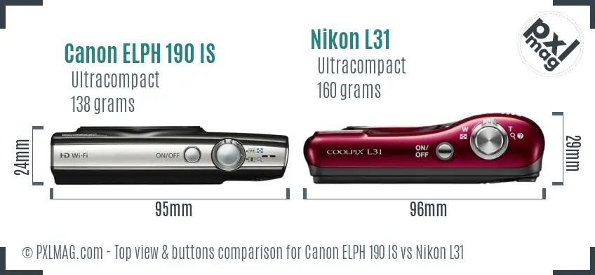 Canon ELPH 190 IS vs Nikon L31 top view buttons comparison