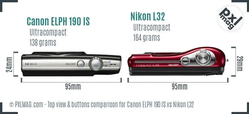 Canon ELPH 190 IS vs Nikon L32 top view buttons comparison