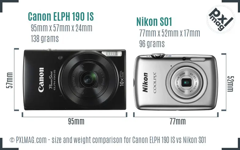 Canon ELPH 190 IS vs Nikon S01 size comparison