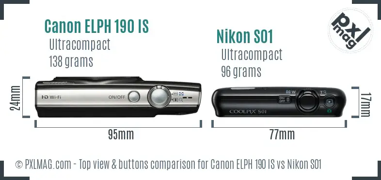 Canon ELPH 190 IS vs Nikon S01 top view buttons comparison