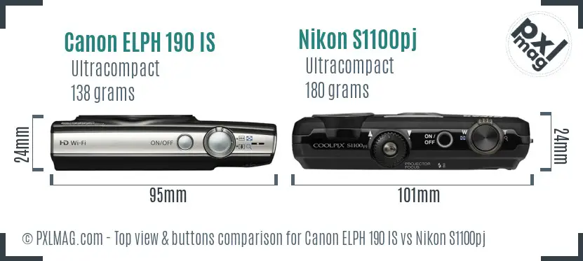 Canon ELPH 190 IS vs Nikon S1100pj top view buttons comparison