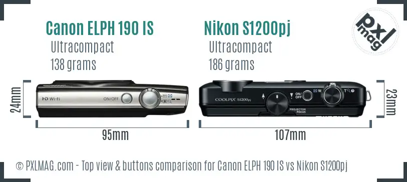 Canon ELPH 190 IS vs Nikon S1200pj top view buttons comparison