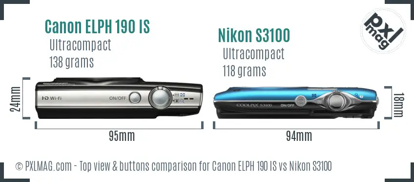 Canon ELPH 190 IS vs Nikon S3100 top view buttons comparison