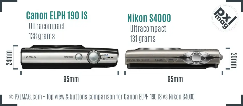 Canon ELPH 190 IS vs Nikon S4000 top view buttons comparison