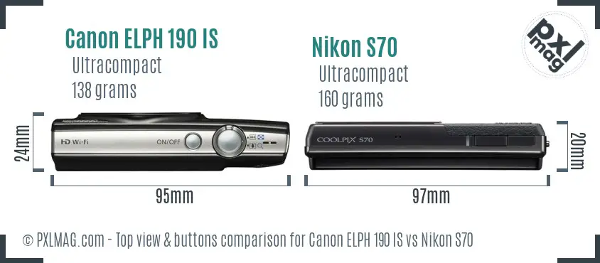Canon ELPH 190 IS vs Nikon S70 top view buttons comparison Canon ELPH 190 IS vs Nikon S70 top view buttons comparison