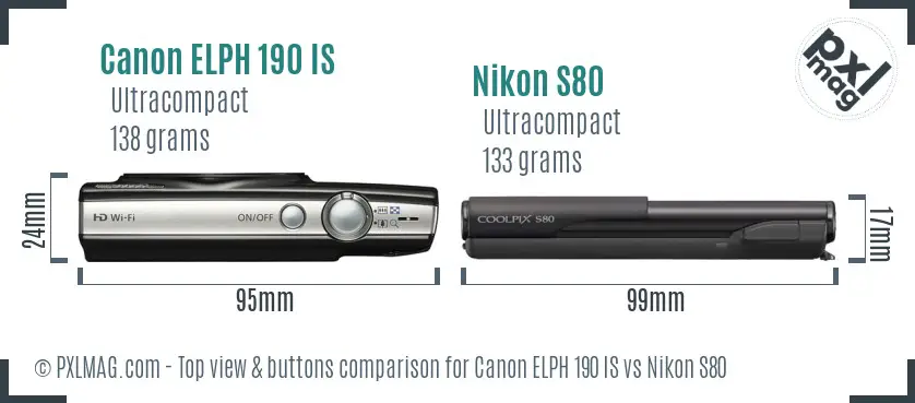 Canon ELPH 190 IS vs Nikon S80 top view buttons comparison Canon ELPH 190 IS vs Nikon S80 top view buttons comparison