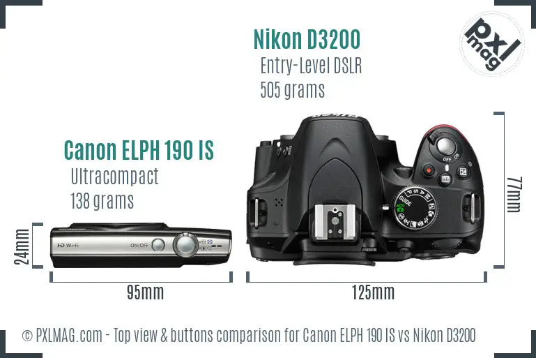 Canon ELPH 190 IS vs Nikon D3200 top view buttons comparison