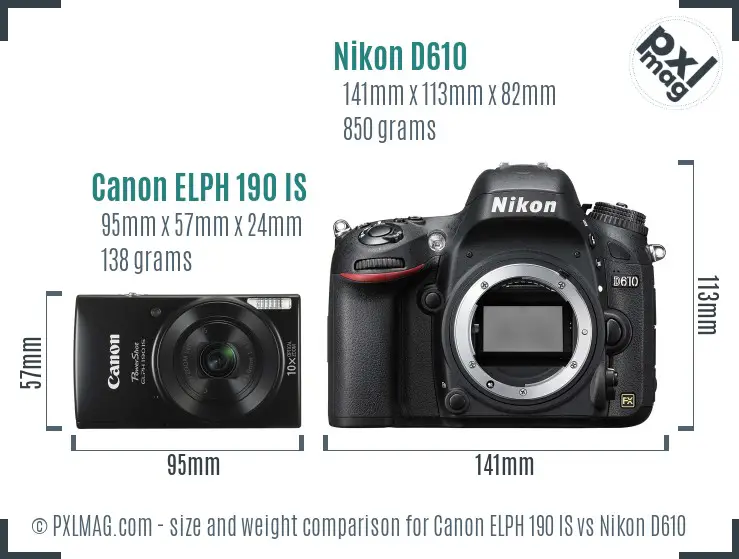 Canon ELPH 190 IS vs Nikon D610 size comparison