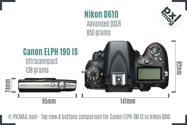 Canon ELPH 190 IS vs Nikon D610 top view buttons comparison