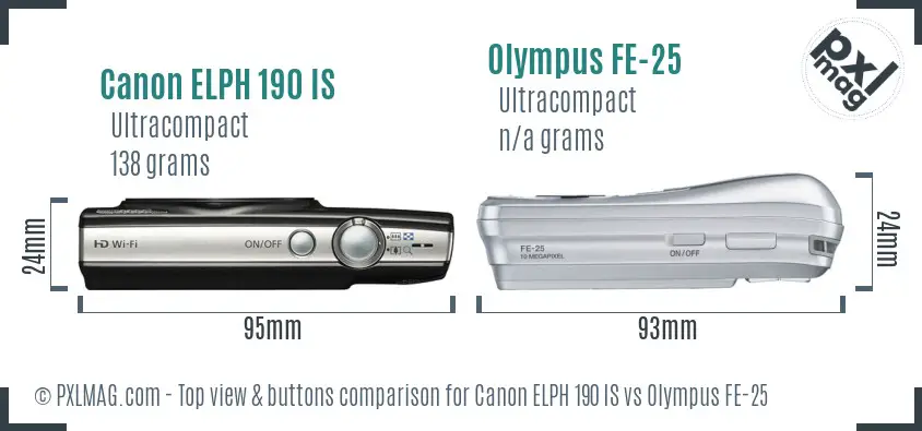 Canon ELPH 190 IS vs Olympus FE-25 top view buttons comparison