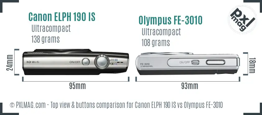 Canon ELPH 190 IS vs Olympus FE-3010 top view buttons comparison