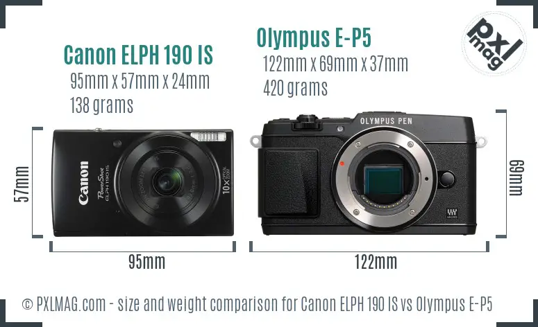 Canon ELPH 190 IS vs Olympus E-P5 size comparison
