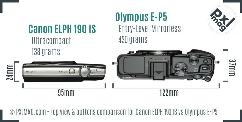 Canon ELPH 190 IS vs Olympus E-P5 top view buttons comparison