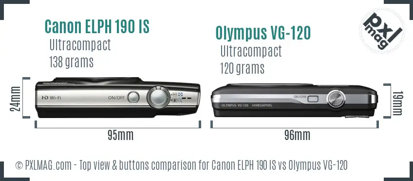 Canon ELPH 190 IS vs Olympus VG-120 top view buttons comparison Canon ELPH 190 IS vs Olympus VG-120 top view buttons comparison