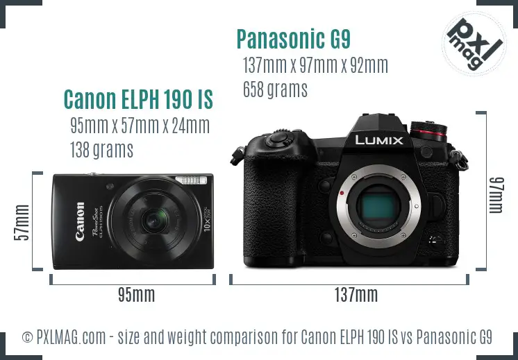 Canon ELPH 190 IS vs Panasonic G9 size comparison