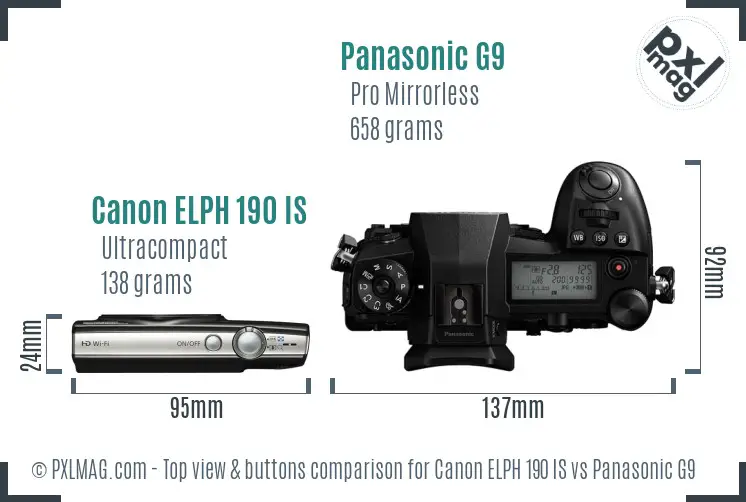Canon ELPH 190 IS vs Panasonic G9 top view buttons comparison
