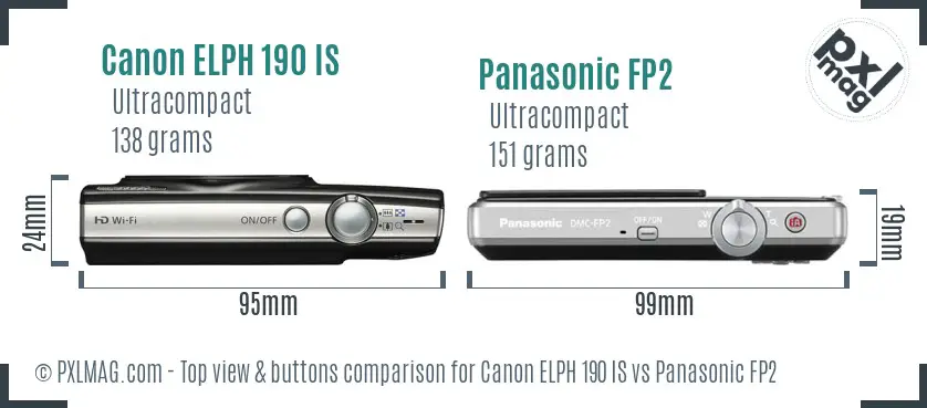 Canon ELPH 190 IS vs Panasonic FP2 top view buttons comparison