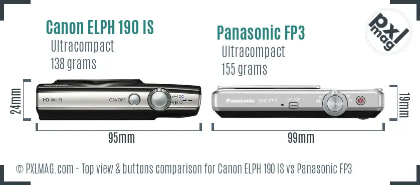 Canon ELPH 190 IS vs Panasonic FP3 top view buttons comparison