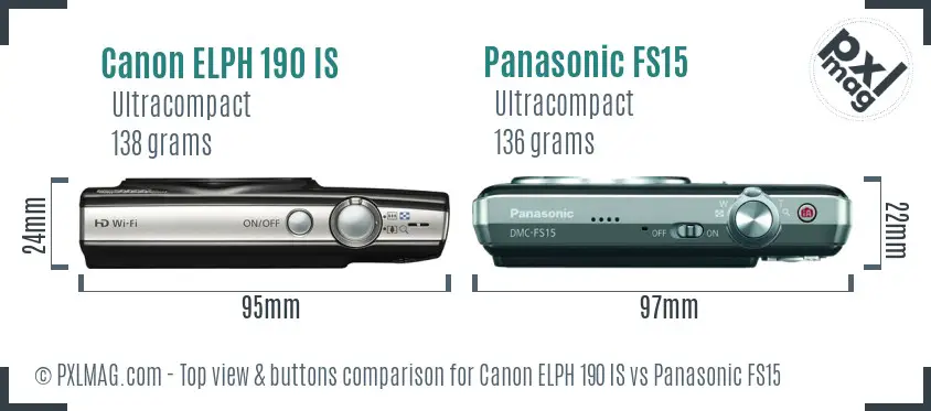 Canon ELPH 190 IS vs Panasonic FS15 top view buttons comparison