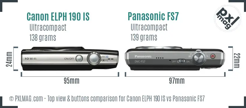 Canon ELPH 190 IS vs Panasonic FS7 top view buttons comparison