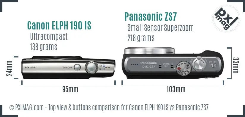 Canon ELPH 190 IS vs Panasonic ZS7 top view buttons comparison