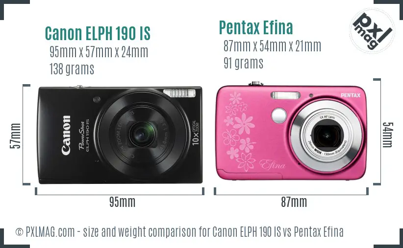 Canon ELPH 190 IS vs Pentax Efina size comparison